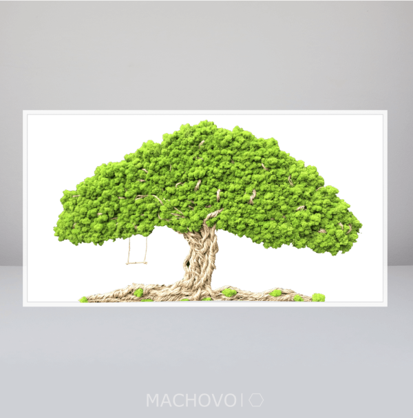 Machový strom s húpačkou a rámom, biele drevo + svetlý lišajník