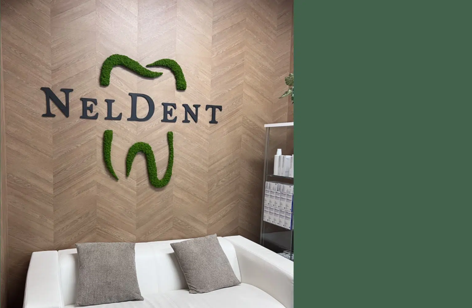 Zelené logo NELDENT na dekoratívnej stene v interiéri