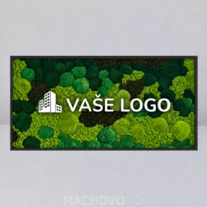 Obdĺžnikový machový obraz Verdara s kombináciou svetlých a tmavých zelených štruktúr, bielym nápisom „VAŠE LOGO“ a symbolom budov, čierny rám.
