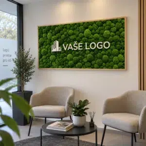Vizualizácia obrazu zo zeleného kopcovitého machu s bielym nápisom „VAŠE LOGO“ v drevenom ráme nad dvoma béžovými kreslami a okrúhlym stolíkom.