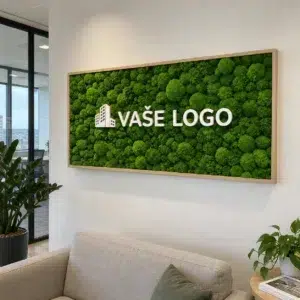 Vizualizácia zeleného kopcovitého machového obrazu s bielym nápisom „VAŠE LOGO“ v drevenom ráme nad béžovou sedačkou v kancelárii.